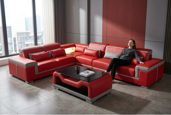Leather sofa, sofas, couch corner upholstery set + table, L-shaped lounge suite
