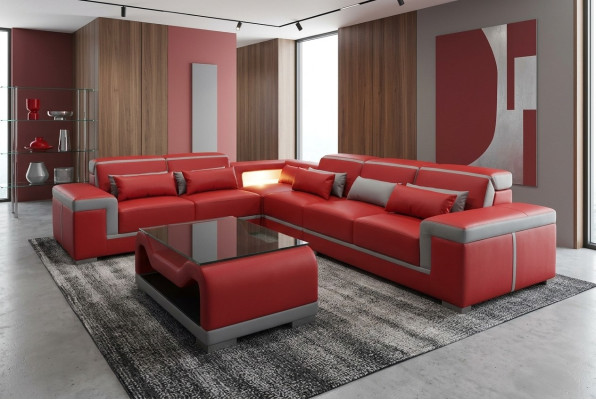 Leather sofa, sofas, couch corner upholstery set + table, L-shaped lounge suite