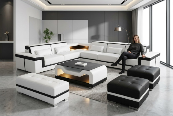 Leather Sofa Couch Upholstery Corner Modern Set Living Area Table Stool G8020B