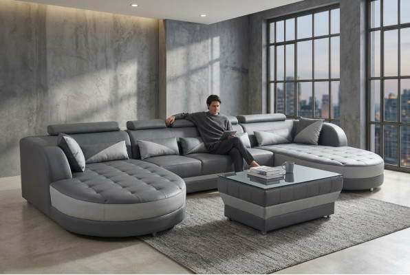 Leather Sofa Modern Couch Upholstered Design Living Landscape + Table