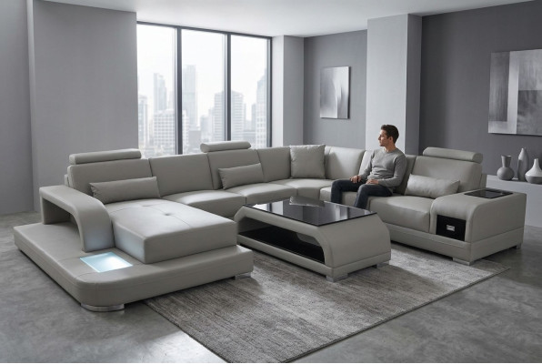 Leather sofa living landscape suite design modern corner sofa U-shape G8013+table