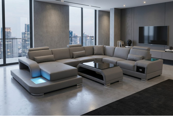 Leather sofa living landscape suite design modern corner sofa U-shape G8013+table