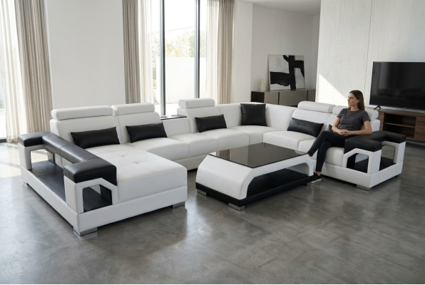 Leather Sofa Modern Seat Couch Upholstery Design Living Landscape + Corner Table