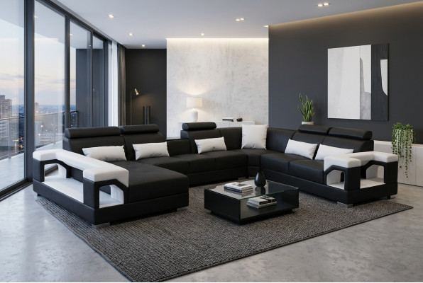 Corner sofa with ergonomic backrest and functional armrests