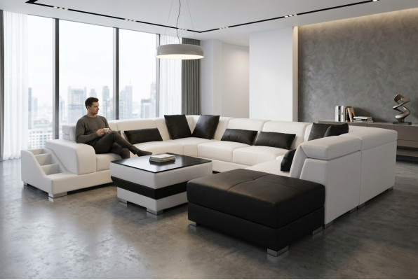 Leather living landscape corner suite design modern sofa U-shape G8008 + pouf new