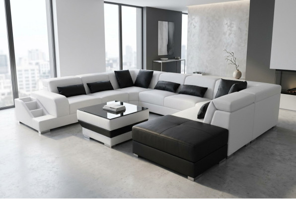 Leather living landscape corner suite design modern sofa U-shape G8008 + pouf new