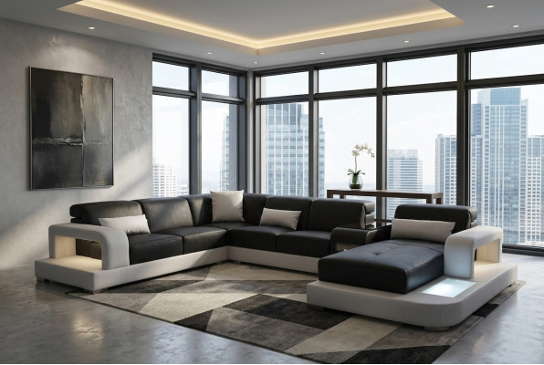 Leather corner sofa, sectional landscape design, modern couch sofa U-shape G8006