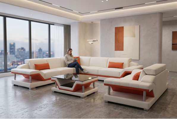 Leather sofa, modern couch, living landscape, 2-seater couches, corner seat, table.