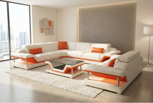 Leather sofa, modern couch, living landscape, 2-seater couches, corner seat, table.