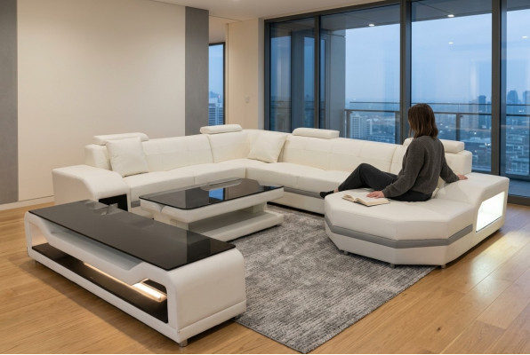 Leather sofa couch upholstery corner seating set living landscape U-shape table TV new