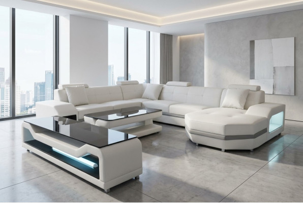 Leather sofa couch upholstery corner seating set living landscape U-shape table TV new