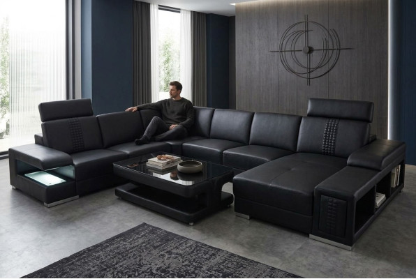 Leather sofa couch upholstery corner seating set corner couches living area + table
