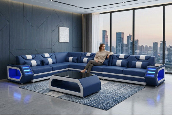 Designer leather upholstered corner sofa set upholstery sectional landscape room XXL