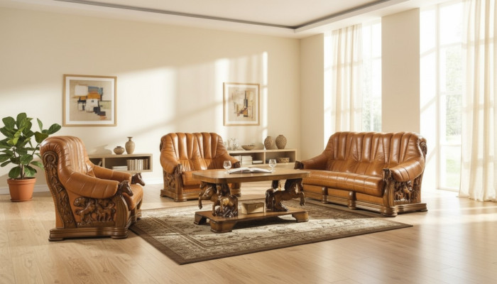 Classic sofa set couch upholstery seat sofa leather wood 3+2+2 set ensemble