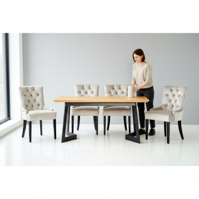 Brown wooden dining table with metal frame, designer x6 Chesterfield chairs, luxurious 7-piece set