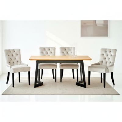 Brown wooden dining table with metal frame, designer x6 Chesterfield chairs, luxurious 7-piece set