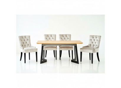 Brown wooden dining table with metal frame, designer x6 Chesterfield chairs, luxurious 7-piece set