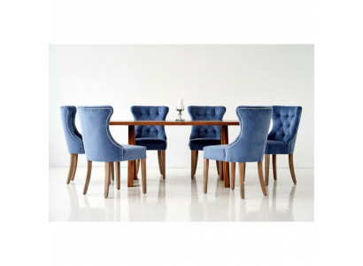 Rectangular wooden table Designer x6 Chesterfield blue chairs 7-piece dining set