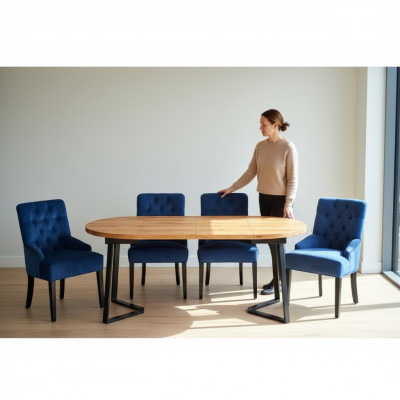 Brown-Blue Dining Room Furniture Designer Wooden Dining Table with 6x Upholstered Chesterfield Chairs