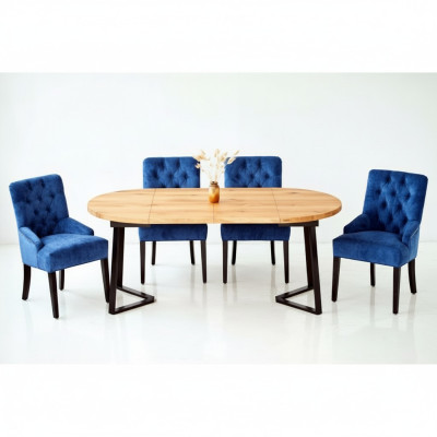 Brown-Blue Dining Room Furniture Designer Wooden Dining Table with 6x Upholstered Chesterfield Chairs