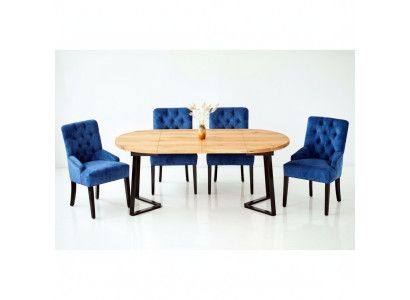 Brown-Blue Dining Room Furniture Designer Wooden Dining Table with 6x Upholstered Chesterfield Chairs
