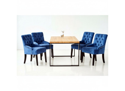 Modern dining room set designer wooden table with blue Chesterfield chairs