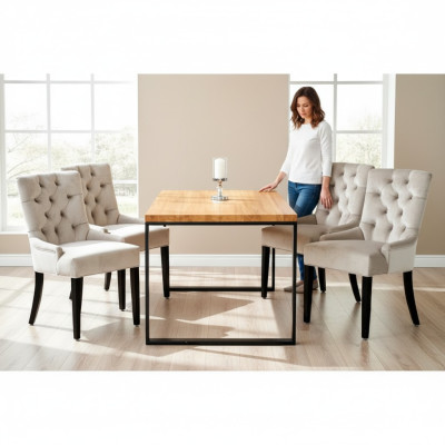 Brown Rectangular Dining Table Modern White x6 Chesterfield Chairs