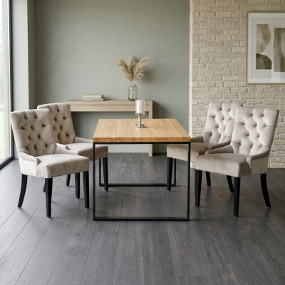 Brown Rectangular Dining Table Modern White x6 Chesterfield Chairs