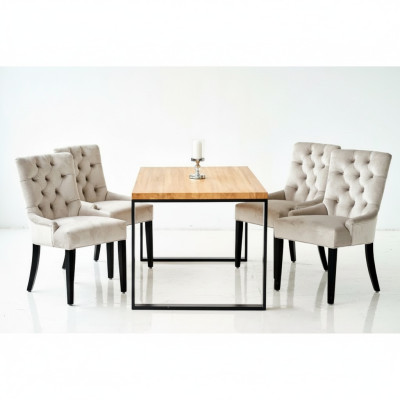 Brown Rectangular Dining Table Modern White x6 Chesterfield Chairs