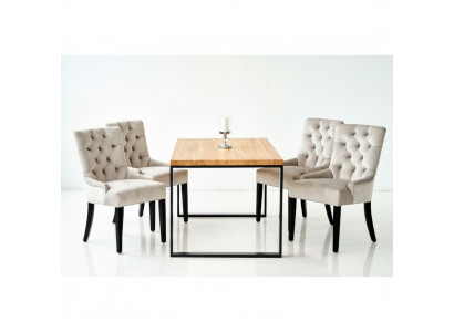 Brown Rectangular Dining Table Modern White x6 Chesterfield Chairs