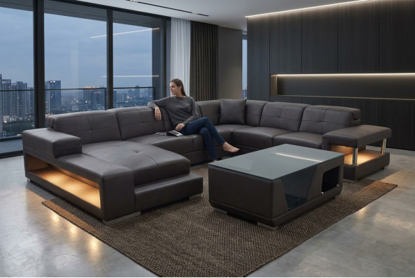Leather sofa corner living landscape suite design modern corner sofa U-shape with USB