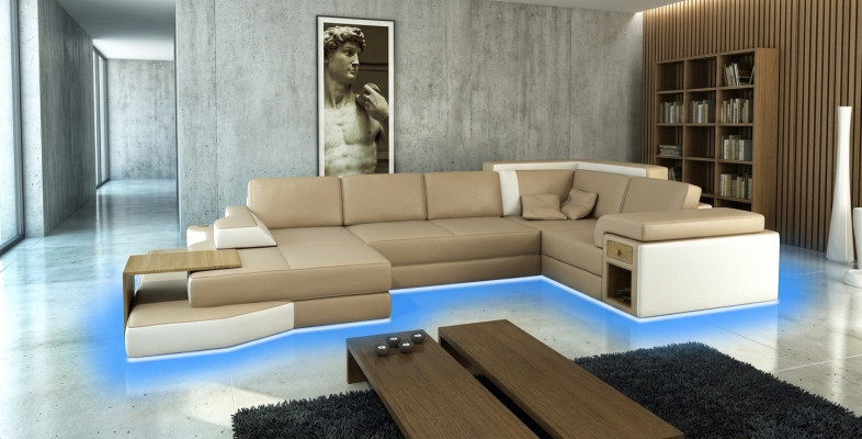XXL Design Corner Sofa Big Sofa with USB Couch Living Landscape U Shape Leather Fabric Corner