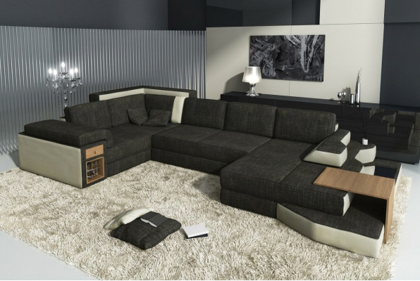 XXL Design Big Sofa with USB, Corner Sofa Couch Living Landscape U Shape Leather Textile Corner