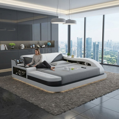 Multifunctional Bed Luxury Design Leather Beds Double Storage Shelf 180x200