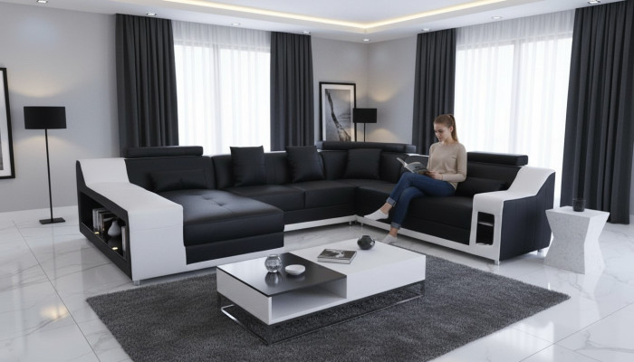 U-Shaped Living Room Corner Couch Seating Set Corner Sofa Leather Sofa Upholstered Couch +USB