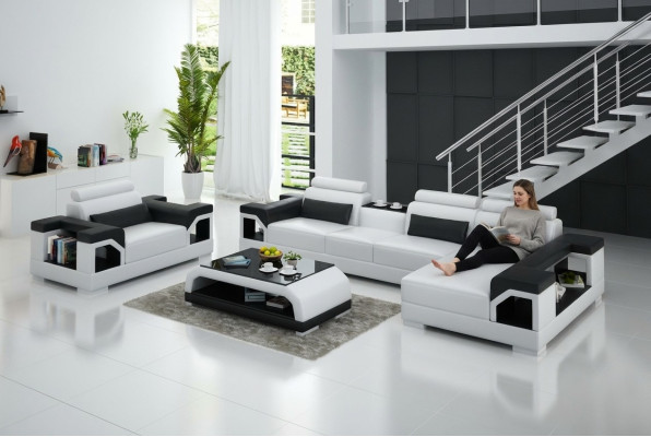 Leather sofa, living area, corner sofa, armchair, couch set, modern design sofa + USB