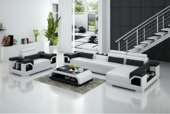 Leather sofa, living area, corner sofa, armchair, couch set, modern design sofa + USB
