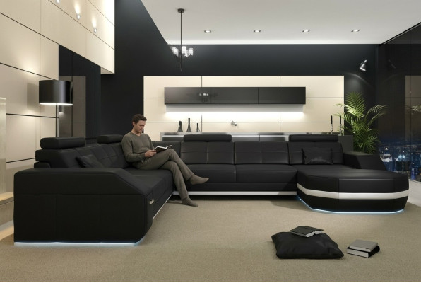 Leather sofa, corner sofa, living area, corner sofa, corner couch, upholstery, seating corner, new USB+LED