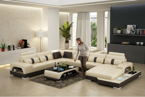 Leader U Shape Living Landscape Couch Big XXL Sofa LED USB Upholstered Corner Set Corner