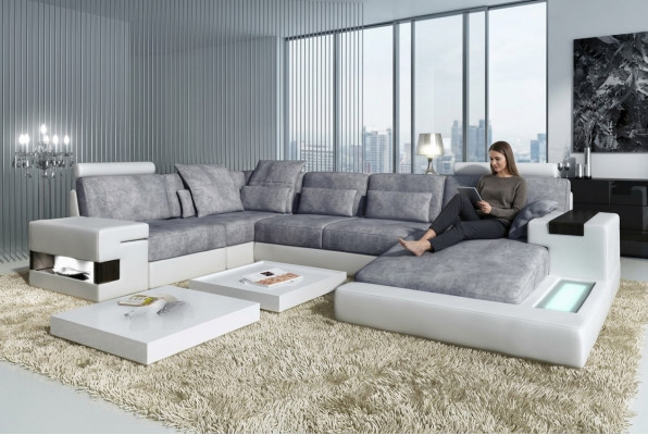 Leader U-shaped living landscape upholstered corner couch with USB leather sofa corner sofa