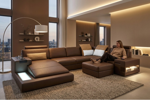 Leather sofa LED + USB corner sofa couch Bellini Big upholstered living room sofa sofas