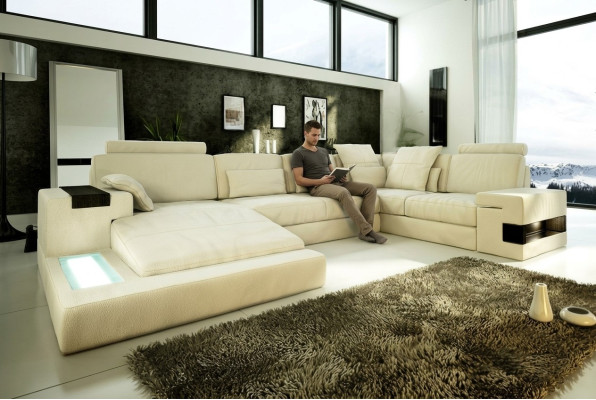 Leather sofa USB design sofa U-shape living landscape couch upholstery corner sofa new LED