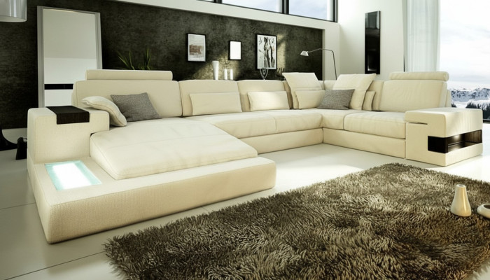 Leather sofa USB design sofa U-shape living landscape couch upholstery corner sofa new LED