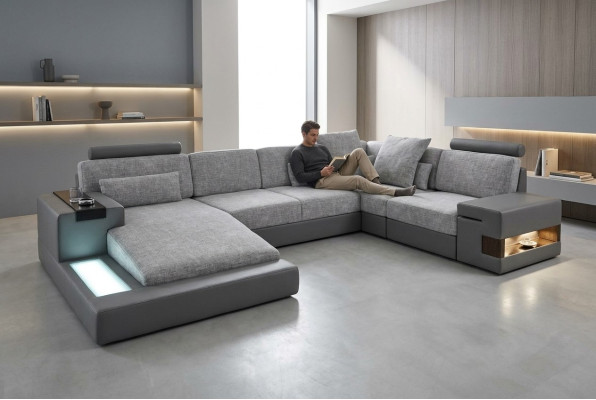 Corner sofa living landscape U-shape leather sofa couch upholstery fabric leather USB + LED