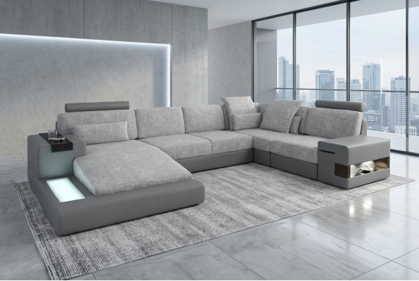Corner sofa living landscape U-shape leather sofa couch upholstery fabric leather USB + LED