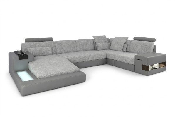 Corner sofa living landscape U-shape leather sofa couch upholstery fabric leather USB + LED