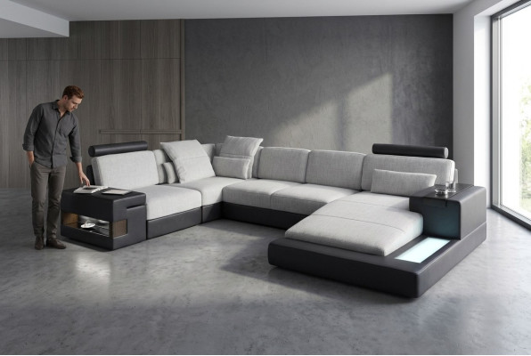 XXL corner sofa living landscape U shape leather sofa sofa upholstered couch textile leather USB