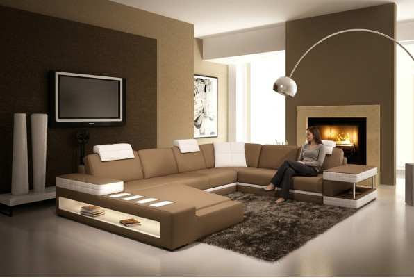 XXL living landscape, U-shaped leather sofa, upholstered corner sofa, sofa, couch, leather, textile, USB