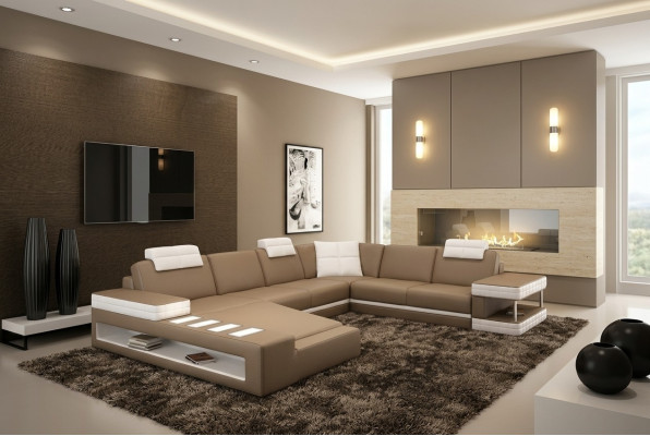XXL living landscape, U-shaped leather sofa, upholstered corner sofa, sofa, couch, leather, textile, USB