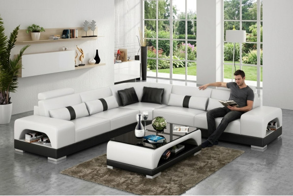 Corner sofa with USB, couch sofa living landscape seat corner set leather textile sand color